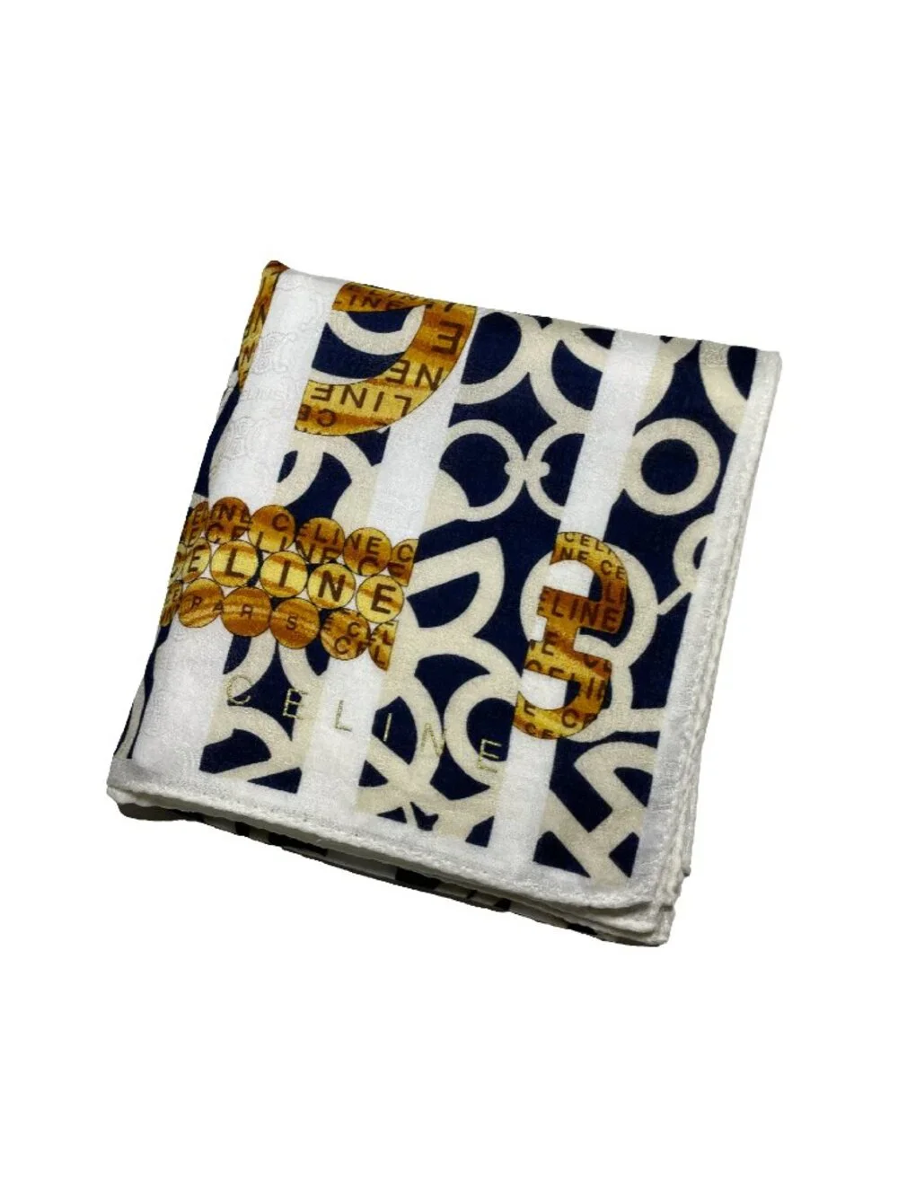 Celine Vintage Cotton Scarf Navy Ivory Gold Logo Stripe Print 22” - Picture 2 of 13